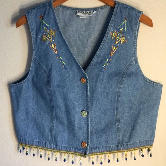 Vintage Jackets & Blazers - 1990s Y2K Nancy Bolen Crop Denim Vest | Embroidered Beaded Western Style Sz 12